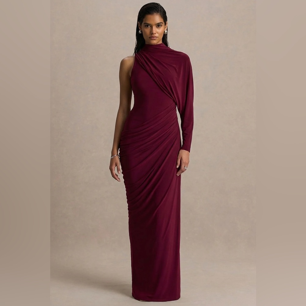 Elegant One-Shoulder Burgundy Evening Dress - Picture 1 of 7